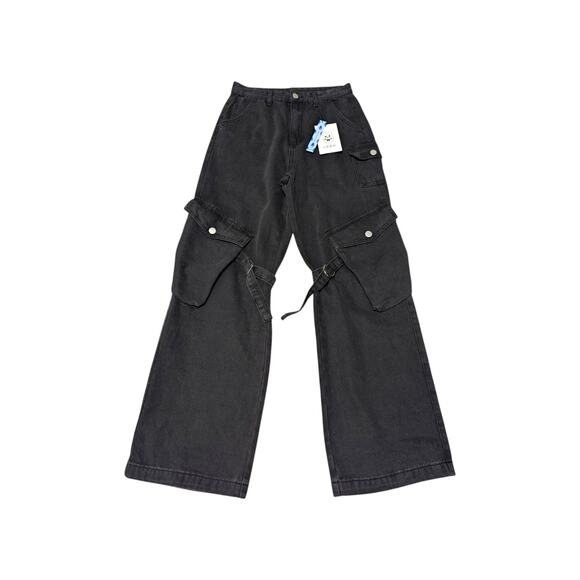 Cider High Waist Cargo Jeans Denim Pants Black High Rise Utility Wide Leg Flare - Picture 1 of 5
